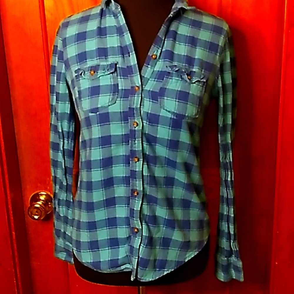 Hollister Blue and Turquoise Plaid Button Up Shirt Size S
